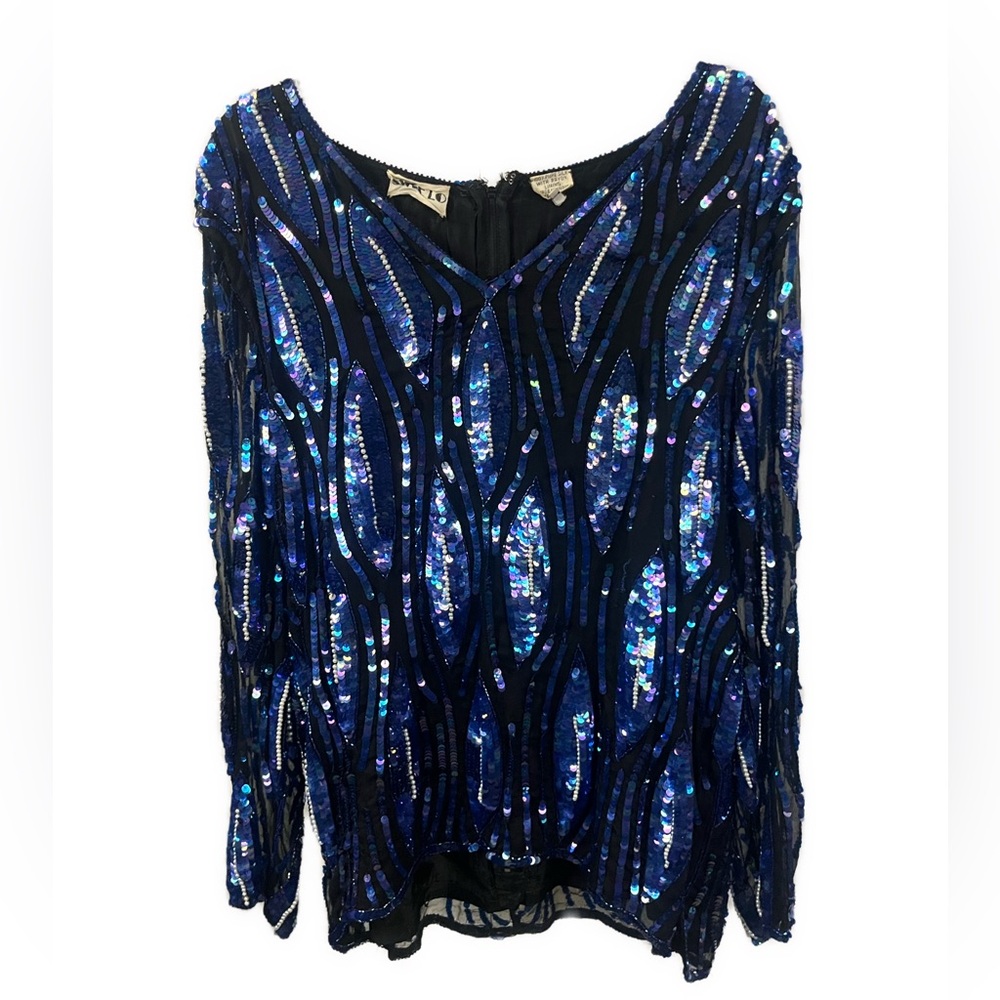 Vintage Women's Silk Heavily Embellished Blue‎ Black Sequined Blouse- Size XL